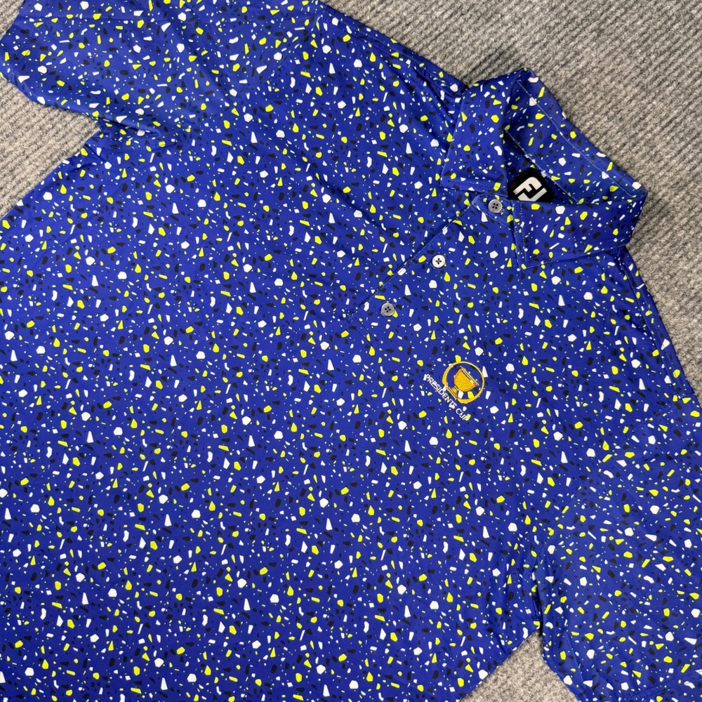 FootJoy Presidents Cup Golf Polo Shirt Mens Large Blue Confetti Print FJ Logo